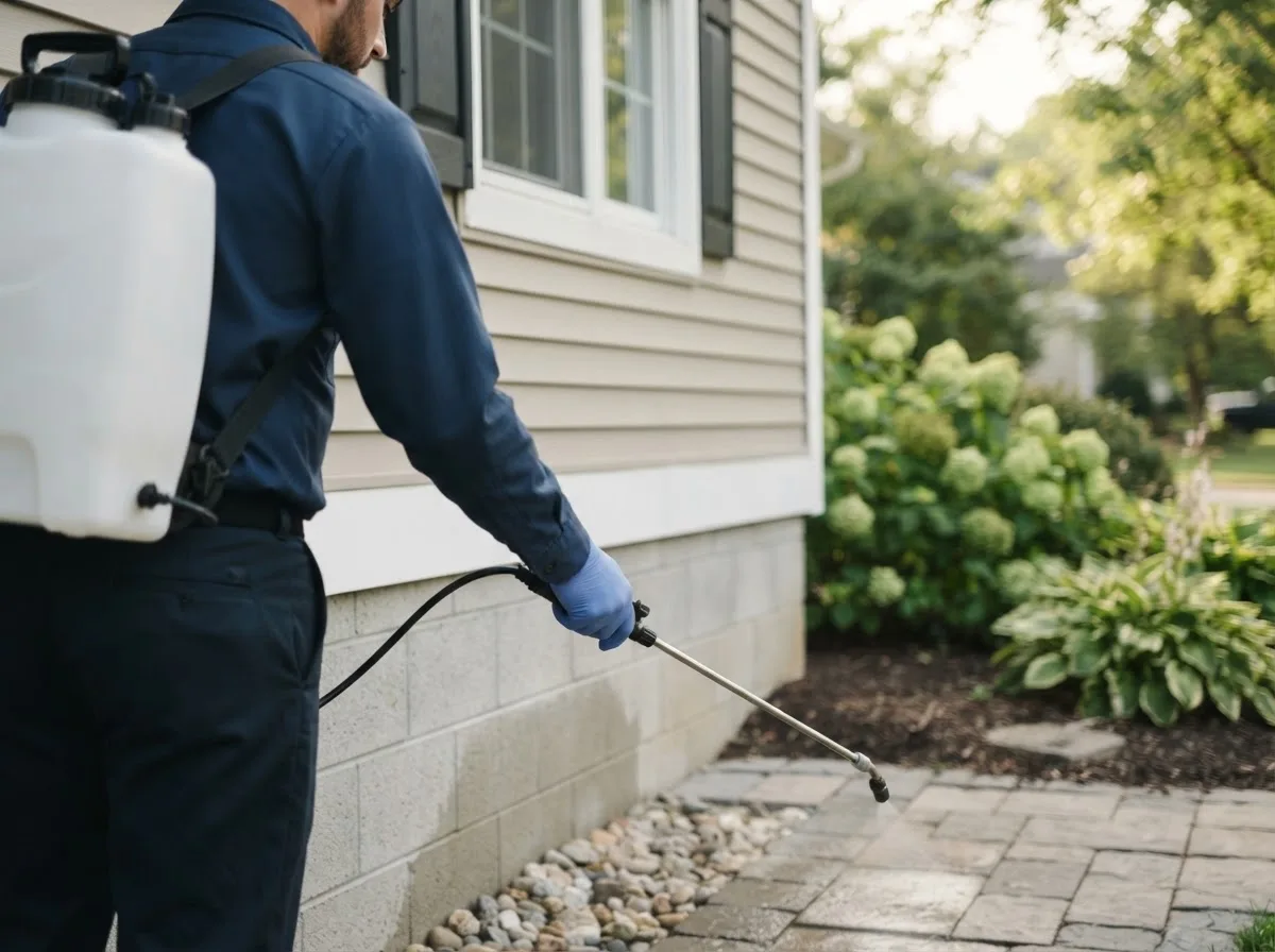 Pest control technician inspecting a home in Hankamer, TX